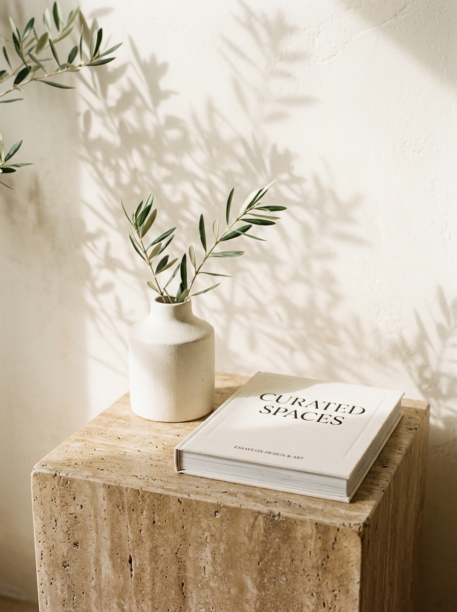 Olive branches and a design book in a warm studio still life.