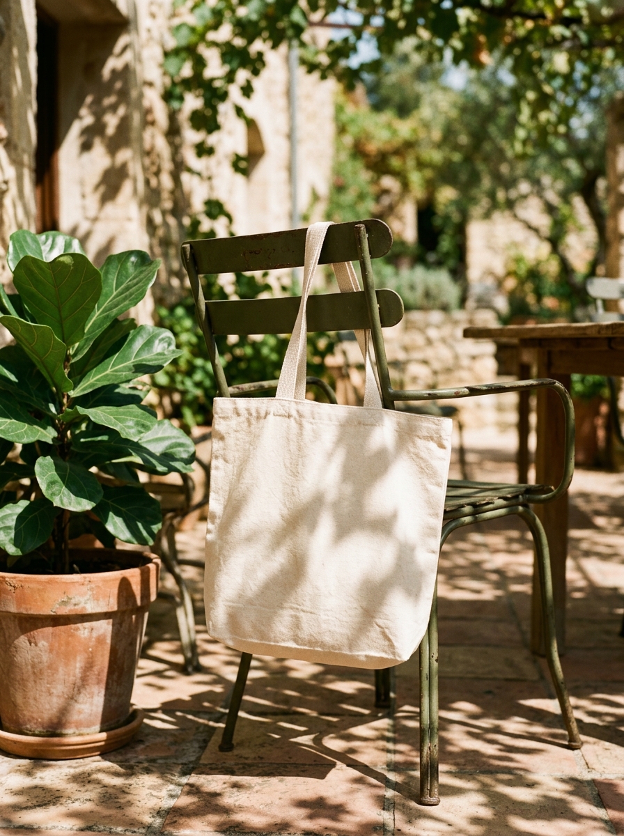 A blank canvas tote on a garden chair in warm afternoon light.
